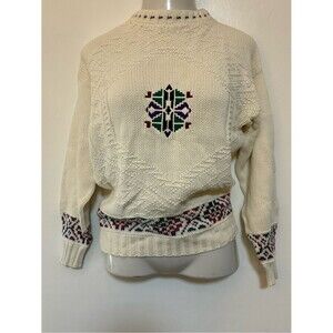 Vintage Winona Knits Snowflake Sweater Winter White Cotton Crewneck Pullover M
